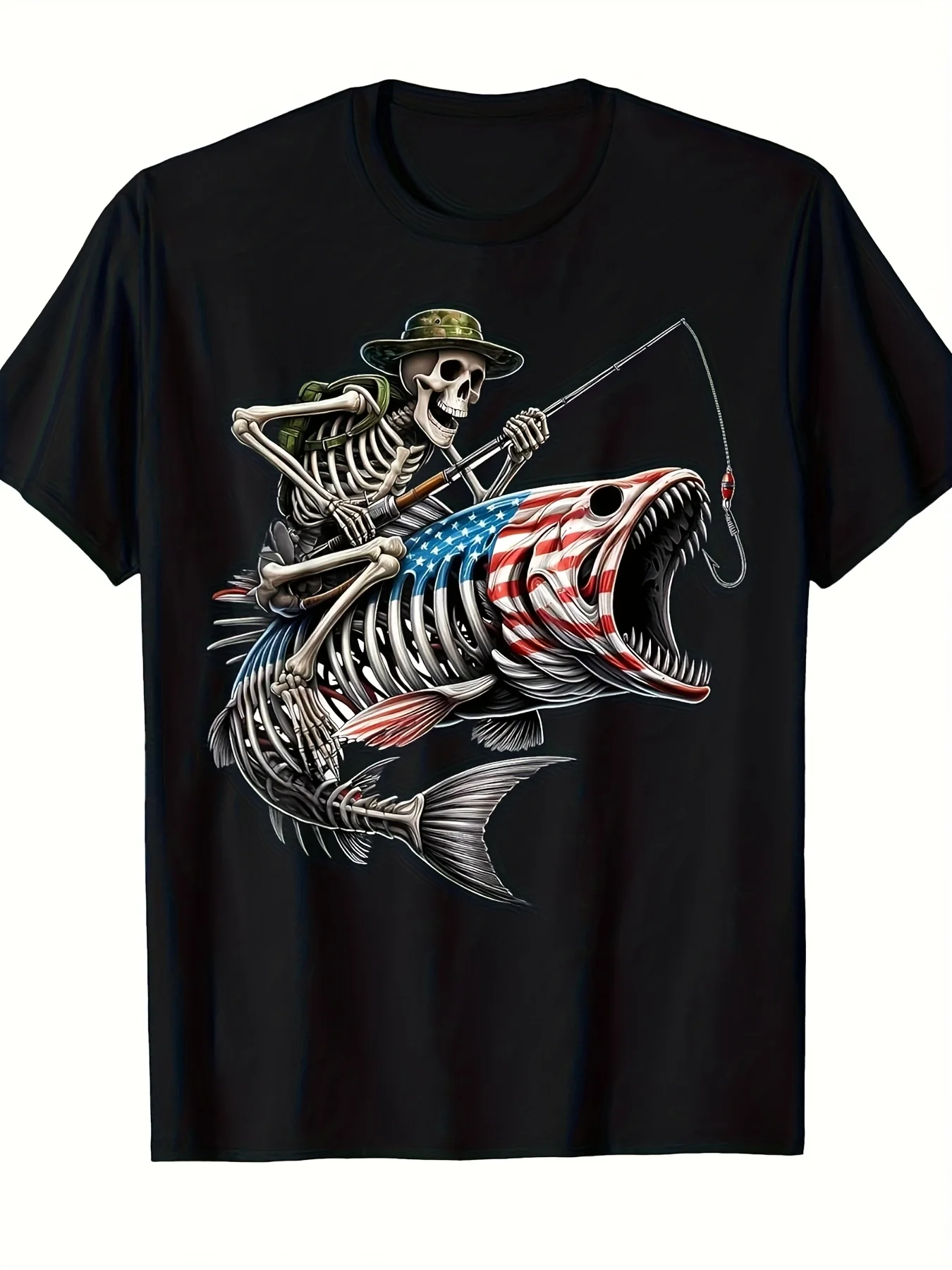 T-Shirt mit Totenkopf-Skelett-Fischer-Grafikdruck für Herren, Baumwolle, O-Ausschnitt, kurzärmelig, Vintage-T-Shirt, lässige T-Shirts, Übergröße