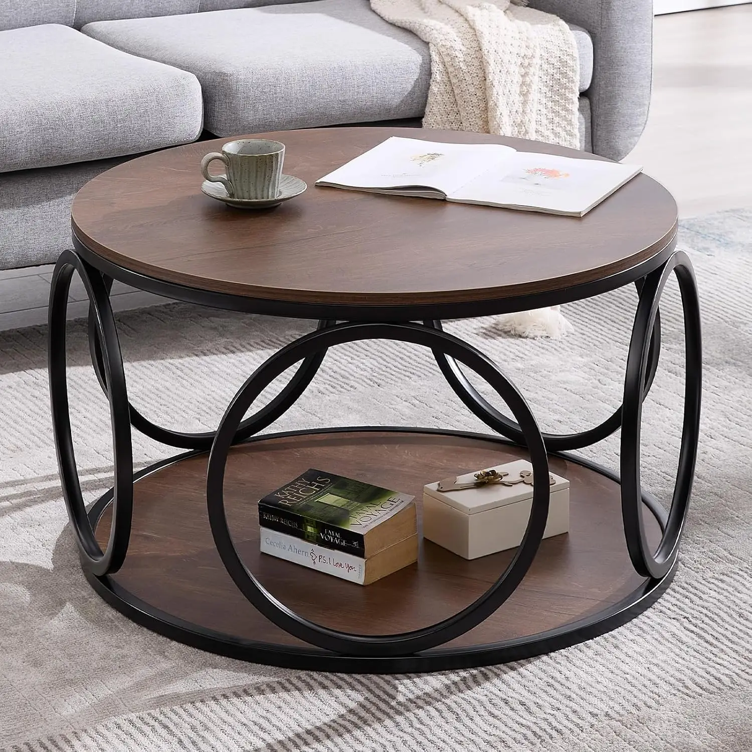 

31.5 Round Coffee Table, Large 2 Tier Wood Coffee Table for Living Room, Industrial Design Wood Center Tables with Sturd
