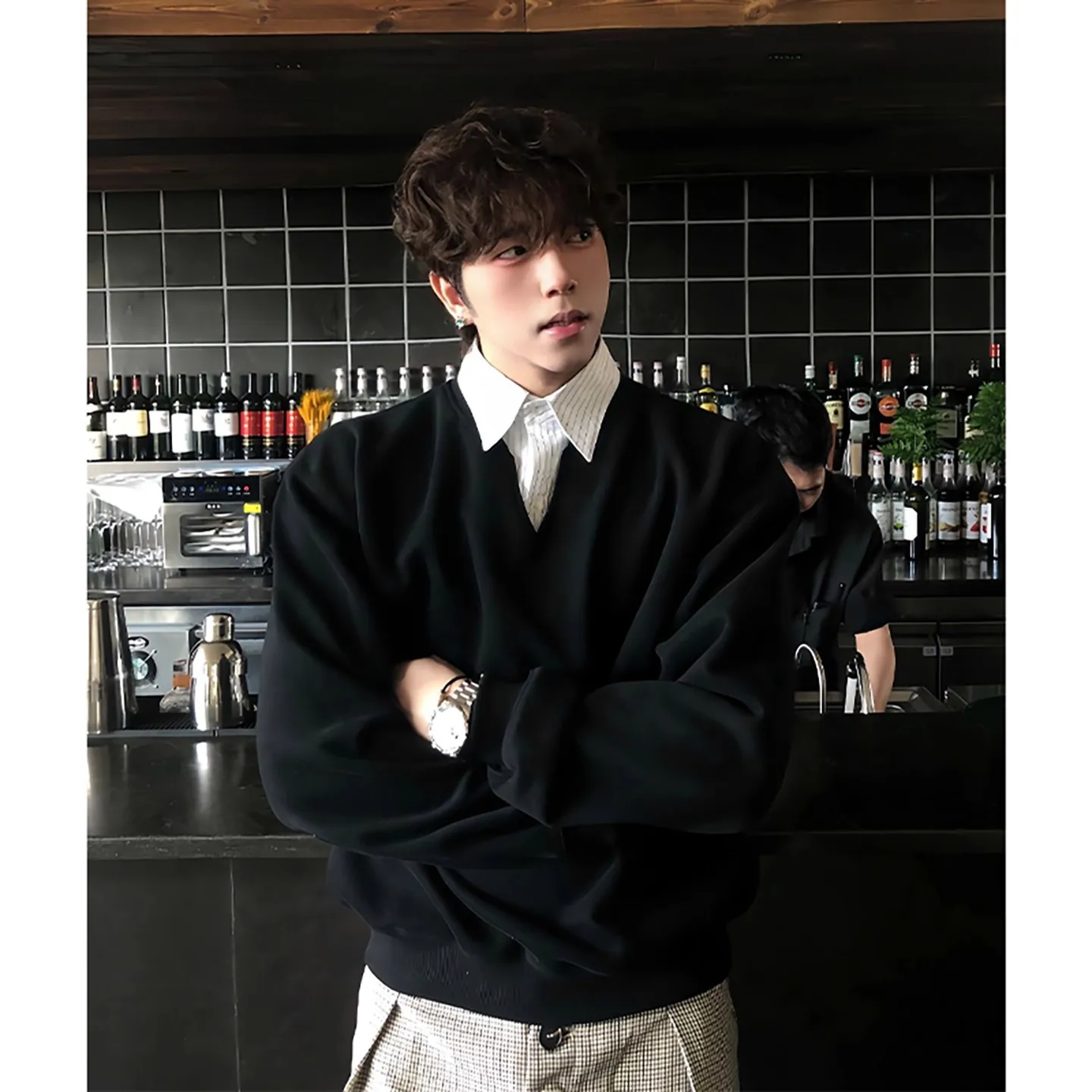 

Black Fake Two-Piece Collar Sweatshirt Men Autumn Cleanfit High-End Feel Top College Style Long Sleeve Polo Shirt