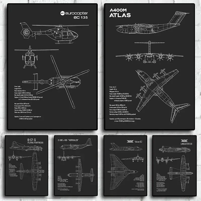 Dark Aircraft Aviation Blueprint Living Room Art Home Decoration Painting Aesthetic Picture Room Canvas Painting Gift