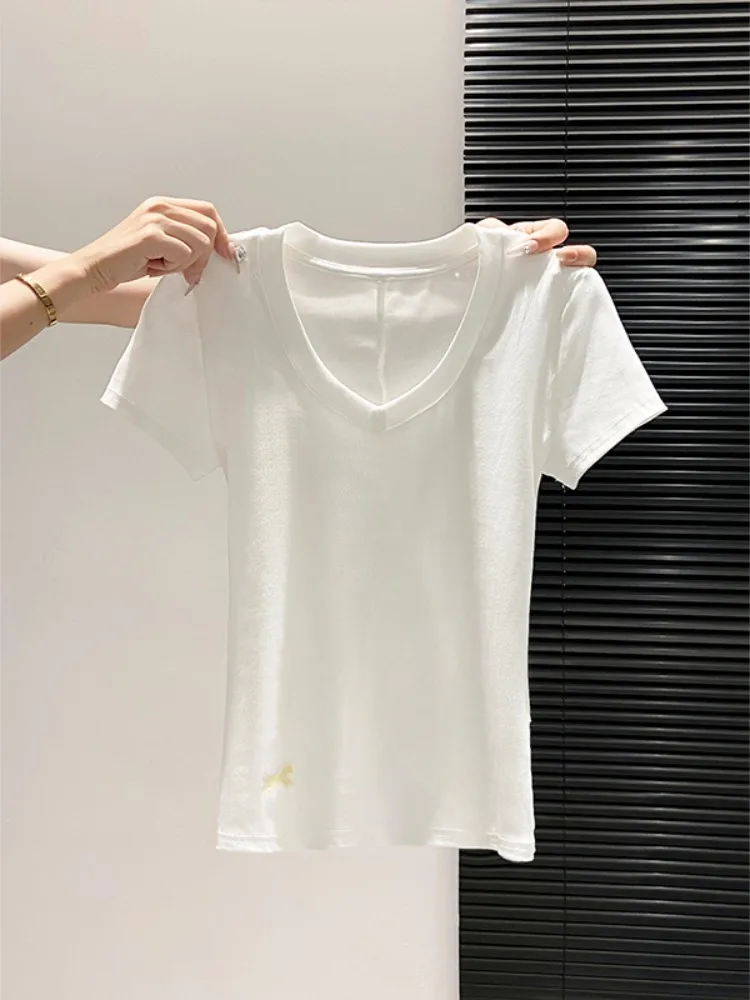 Slim Fit V-Neck Short Sleeve T-Shirt Women's Summer New Korean Style Back Knot Design Breathable Comfortable Versatile Top