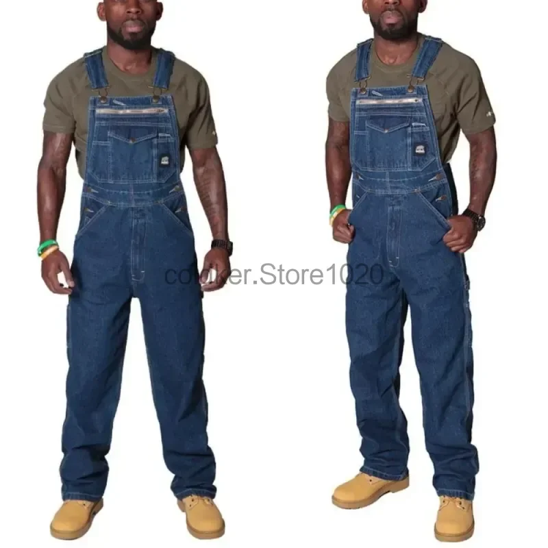 2024 Men\'s Denim Cargo Trousers Blue Multi Pocket Jumpsuit Solid Summer Fashion Splice Straight Rompers Men Casual Streetwear