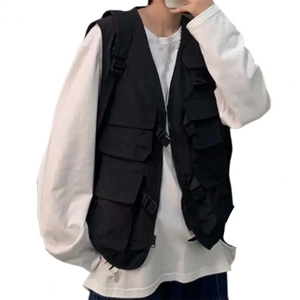 Men Casual Vest Coat V-neck Sleeveless Cargo Vest Solid Color Multi Pockets Zipper Buckle Placket Waistcoat Outerwear Men Clothe