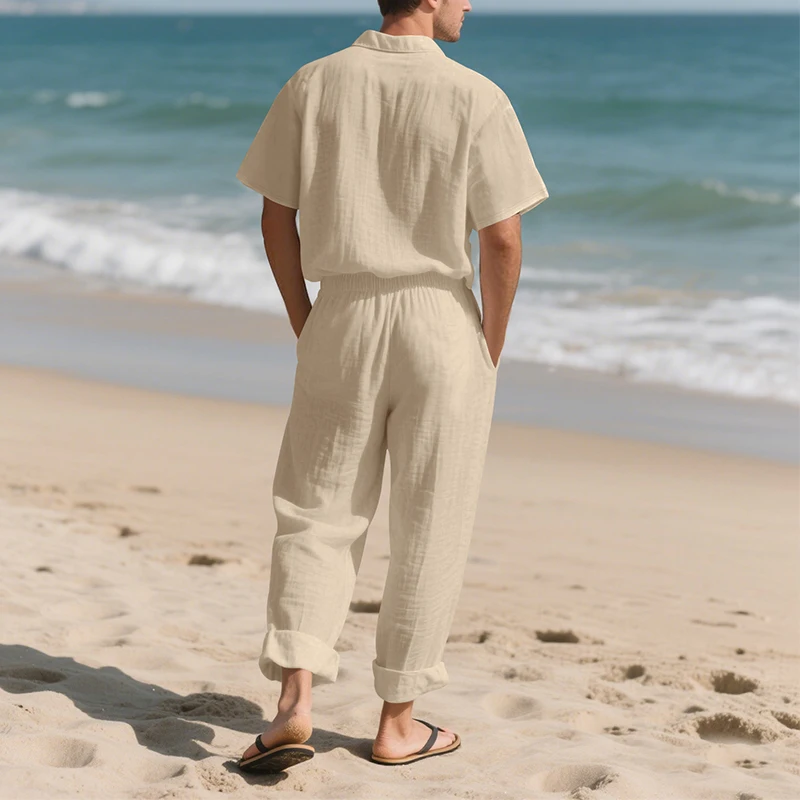 Summer New Casual Mens Linen Outfits Vacation Leisure Solid Color Two Piece Suits Men Fashion Short Sleeve Shirt And Pants Sets