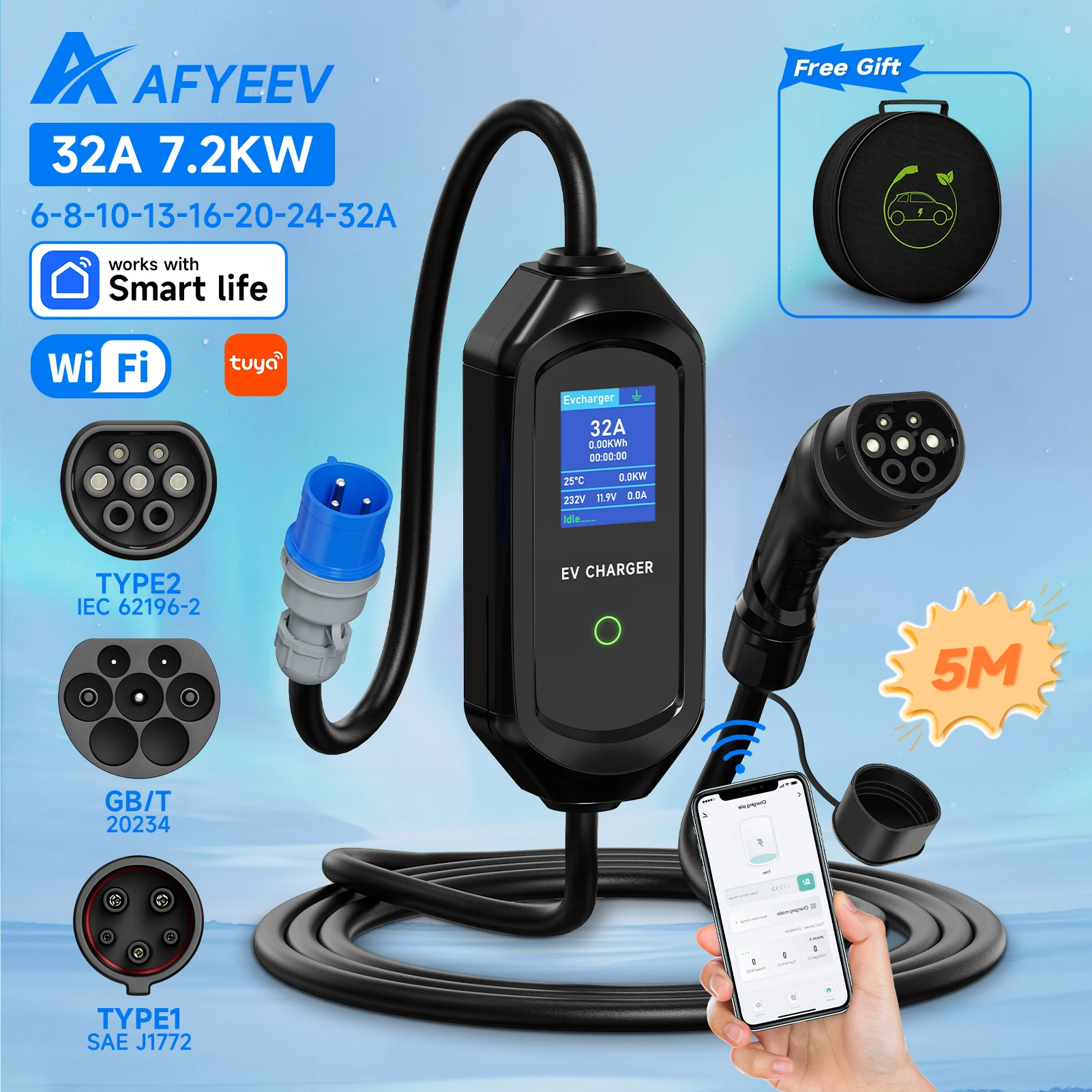 AFYEEV 32A 7.2KW Type2 EV Charger Portable Type1 Electric Vehicle Charger GBT EVSE Charging Cable WiFi Bluetooth APP Control