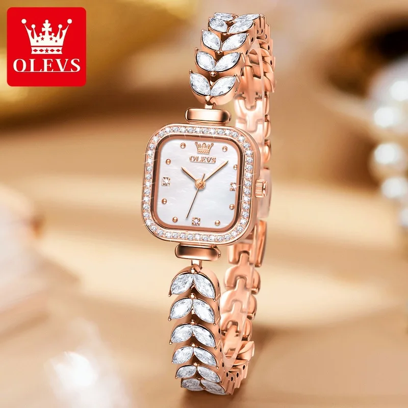 

OLEVS 9987 Original Quartz Women's Watch Diamond Mermaid Stainless steel Watchband Luxury Square Diamond Dial Ladies' Watches