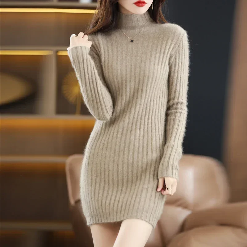 New Fashion Autumn Long Women's Sweater Mink Cashmere High Neck Knitted Pullovers Korean Jumpers Soft Female Tops 2024-RFRE