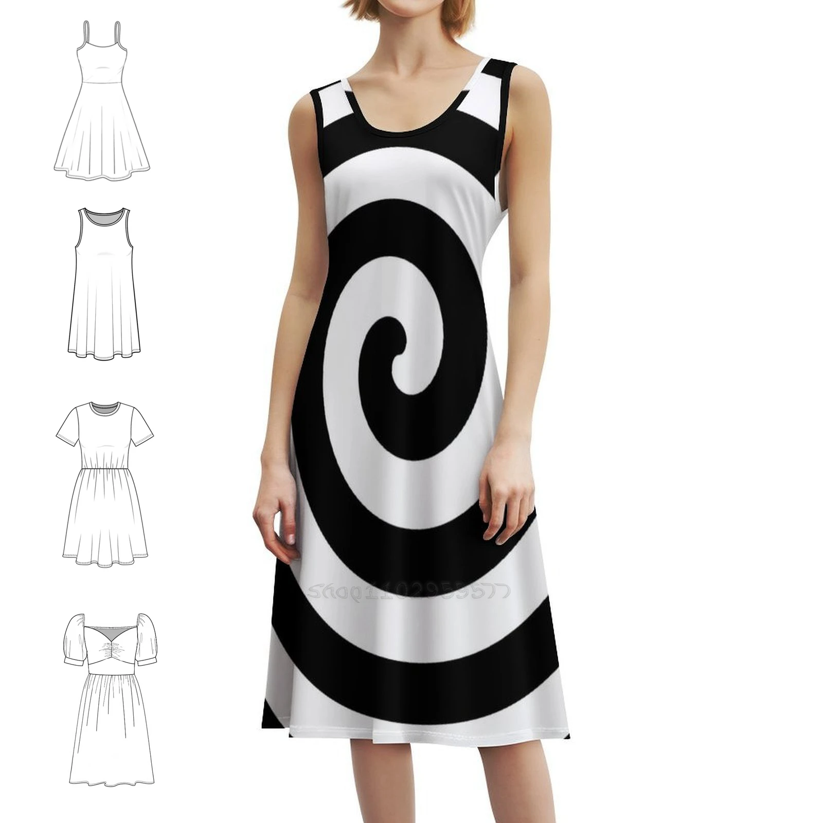 Black White Spiral 2 Korean Style Casual Dress For Women Simple Daily Office Lady Dresses Sphere Spiral Round Many Arms Black