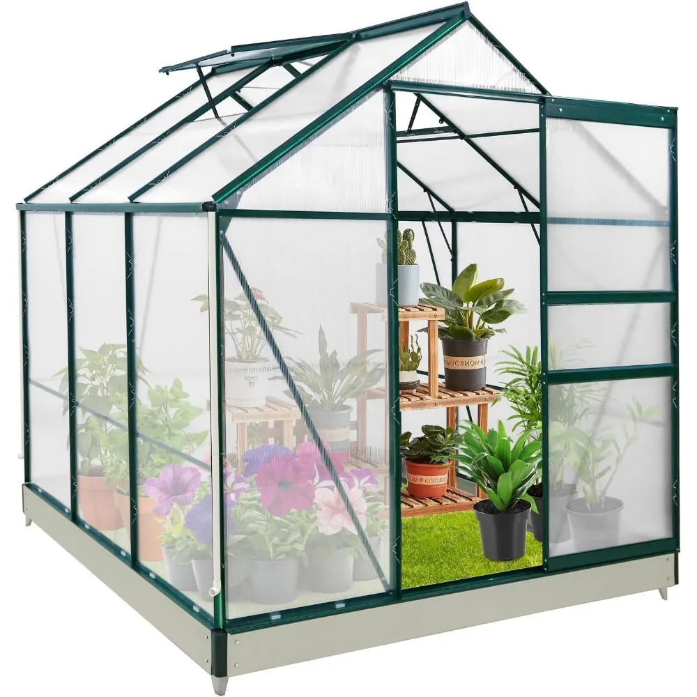 6x6x7 Greenhouse with Adjustable Roof Vent, Rain Gutter, Base and Anchor, Polycarbonate Aluminum Green House