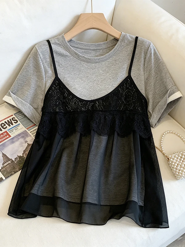 

Summer New plus Size Women's T-shirt Lace Splice Mock Two-Piece Short Sleeve Matronly Overhead Top Comfortable Breathable Kor...