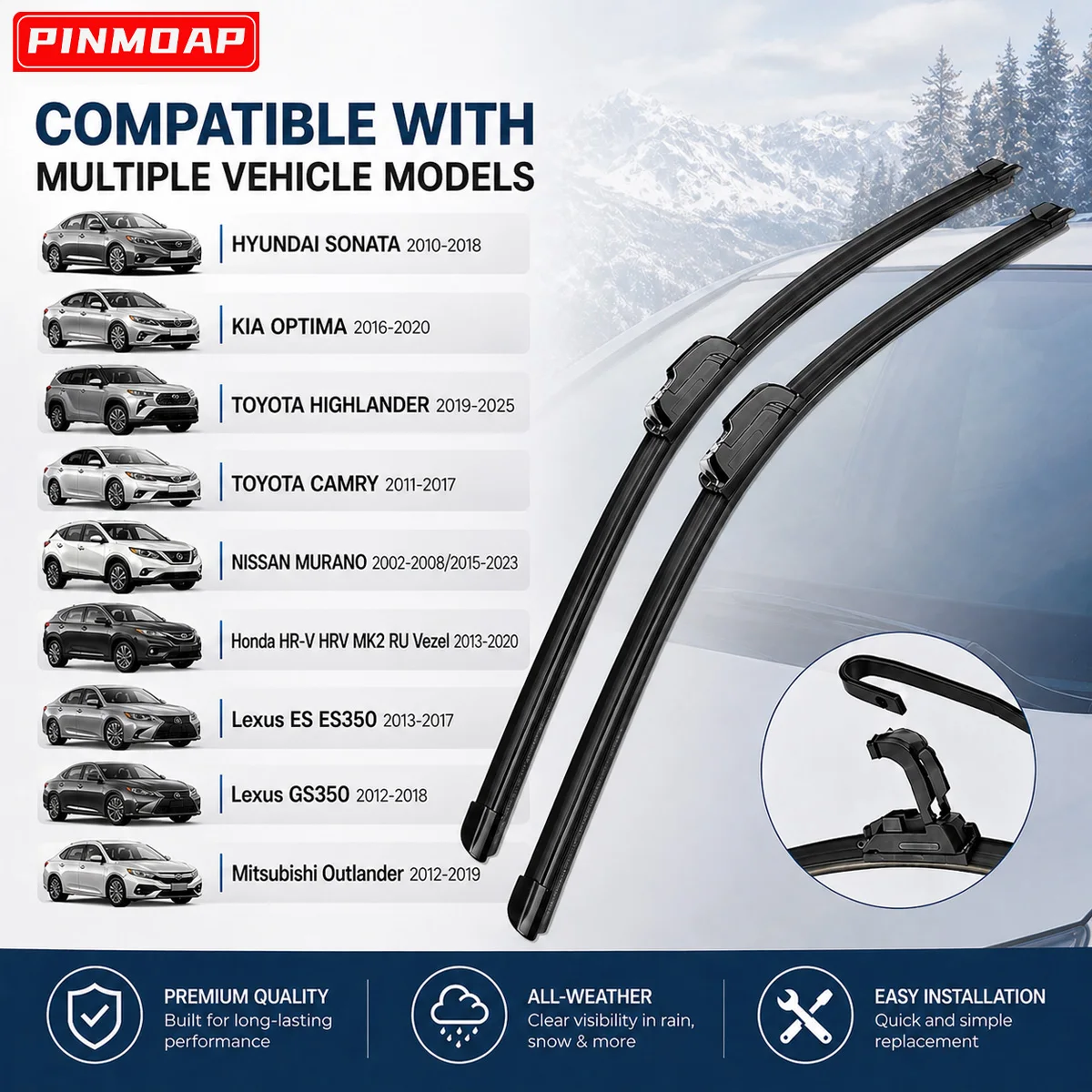 PINMOAP 2PCS Limpador de Para-brisa Automotivo Compatível com HYUNDAI SONATA KIA OPTIMA TOYOTA HIGHLANDER NISSAN MURANO Honda HR-V Civic 10 Lexus GS350