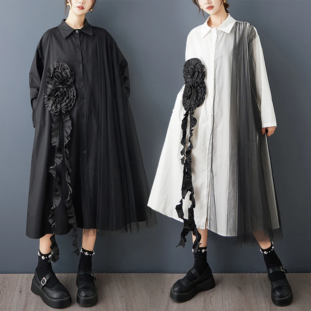 NYFS 2025 خريف جديد فضفاض حجم كبير خمر أسود اللون واحدة الصدر قميص فستان رداء قصير الأكمام غير النظامية فستان المرأة