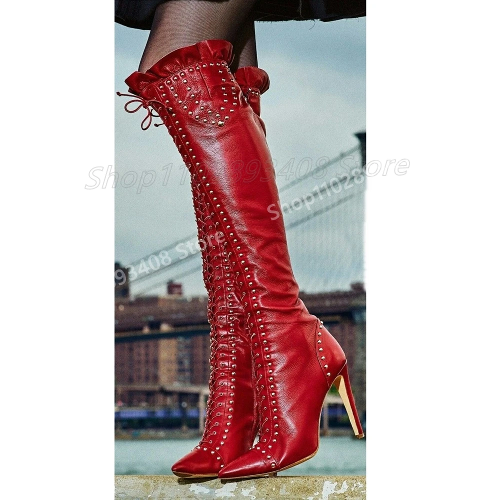 

Red Metal Round Rivets Strappy Knee High Boots Pointy Runway Style Stiletto High Heel Party 2024 Women Shoes Zapatos Para Mujere