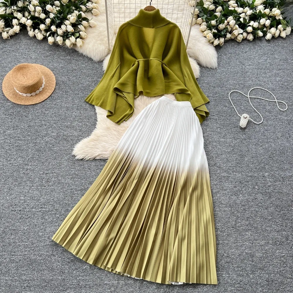 Elegant แขนยาวหลวมเอวสูงจีบกระโปรงชุดราตรี High Street แฟชั่นฤดูใบไม้ร่วงฤดูหนาว Gradient สีชุด