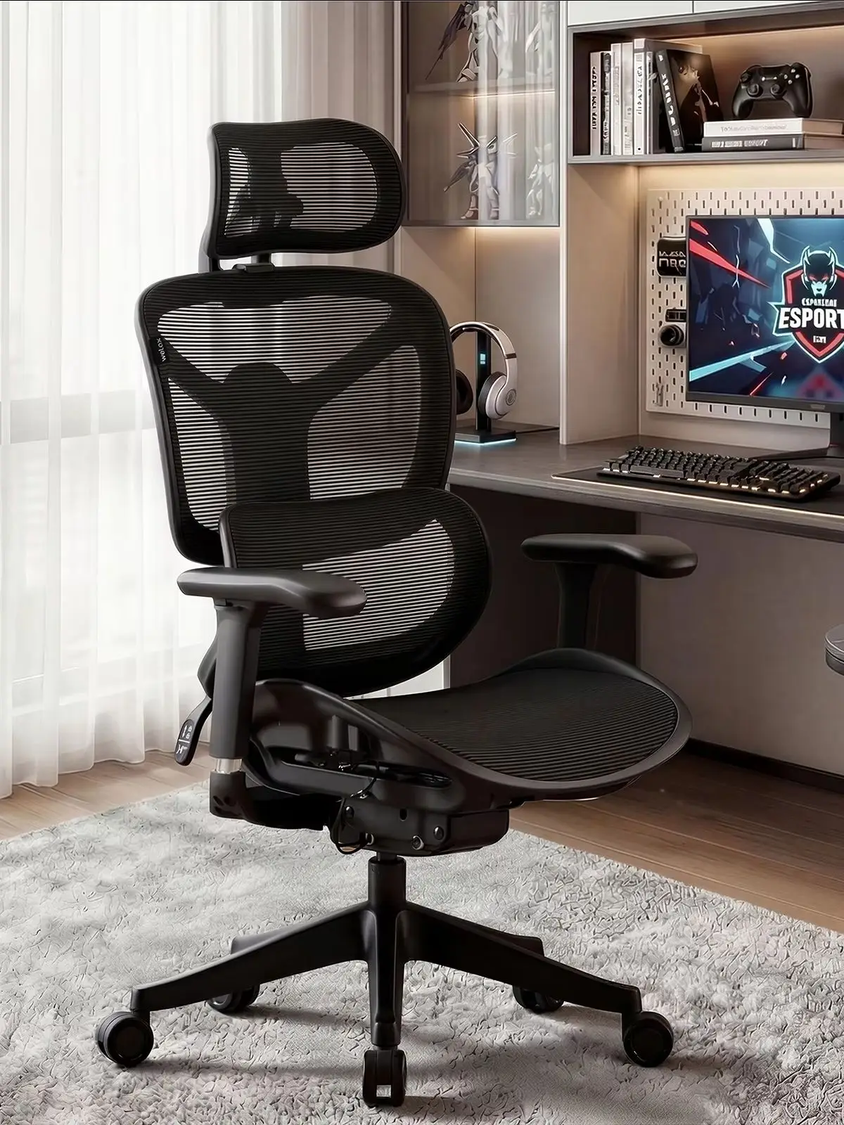 WELAX S9 ergonomischer Bürostuhl mit Netzrücken, hoher Rückenlehne, Lendenwirbelstütze, 4-fach verstellbaren Armlehnen und Rollen – bequemer Schreibtisch- und Gamingstuhl