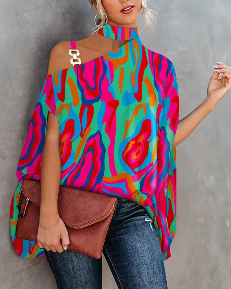 Alternative view of Blusa Asimétrica de un Solo Hombro para Mujer con Mangas Murciélago y Estampado Floral Abstracto para Uso Casual de Verano