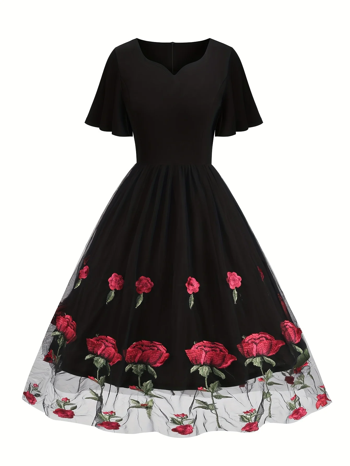 Elegant Vintage-Inspired Women's Dress with Floral Embroidery, Flutter Sleeves & Mesh Detail - Perfect for Date Night or Work