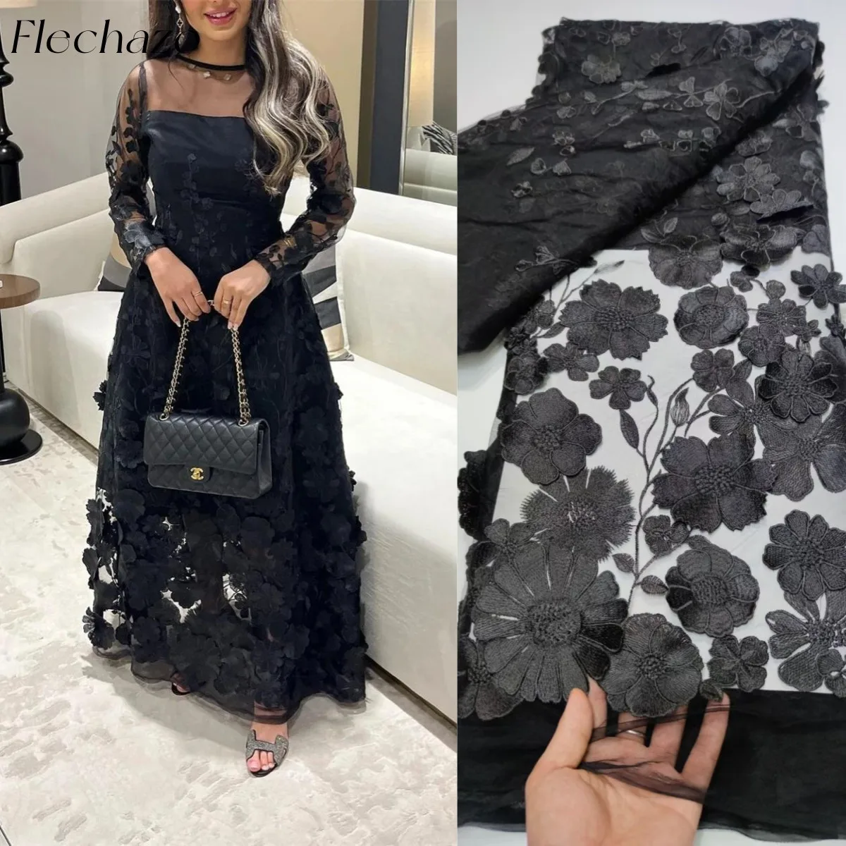 

Flechazo Black Evening Dresses Embroidery 3D Flower A-Line Elegant Birthday Wedding Party Dress For Women 2024 فساتين السهرة