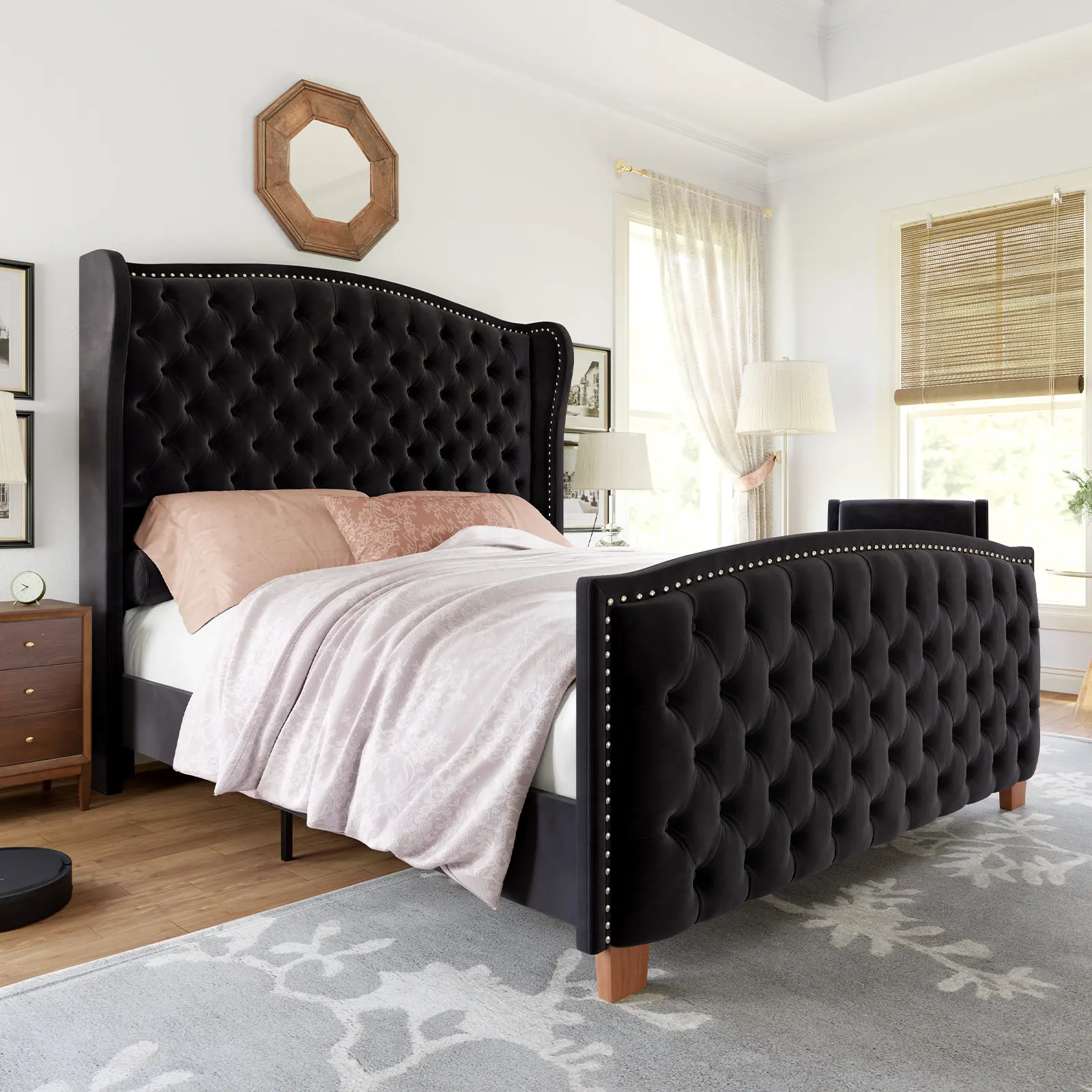 Kainice Bedroom Furniture Set Luxury Velvet king Size Bed Classic Tall Wingback Upholstered Black Wood Bed Frame Queen Bed