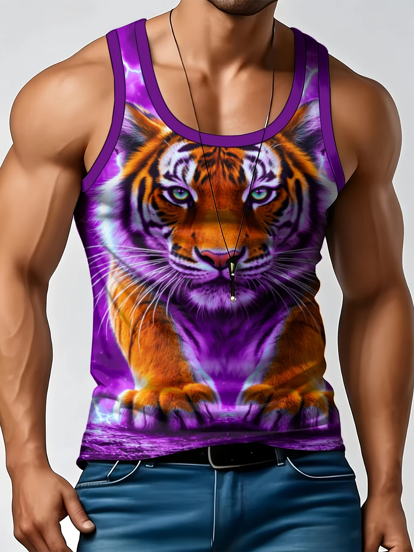 Men 3D Realistic Tiger Print Round neckTank Top