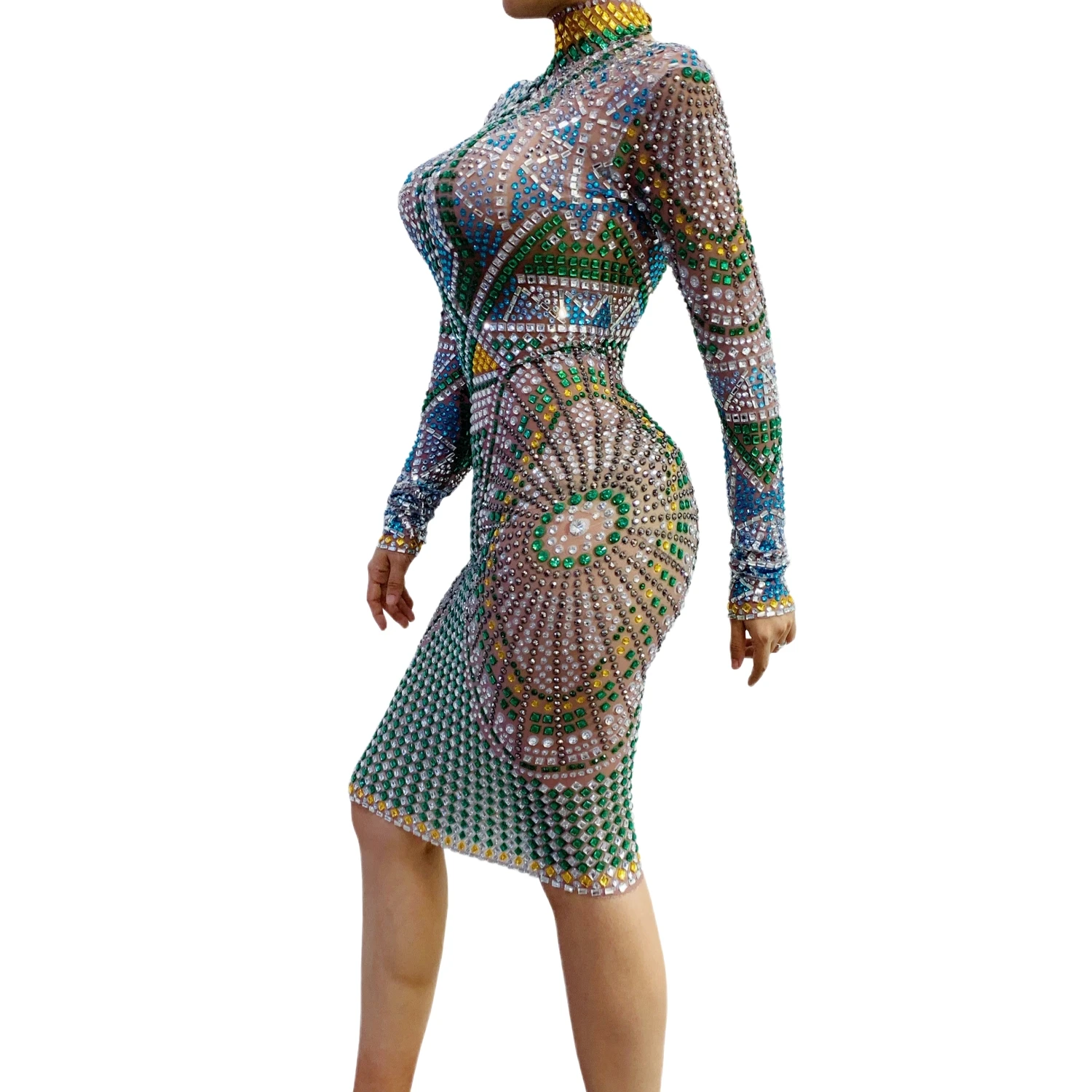 Lvcao Womens Colorful Rhinestone Sheer Mesh Bodycon Midi Dress Long Sleeve High Neck Crystal Embellished Party Club Dress