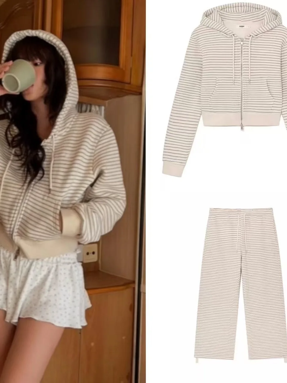 

Striped Hooded Zipper Sweatirt Outerwear Cardigan Long Pants Straight Leg Pants Faionable Ensemble for Women Autumn Winter