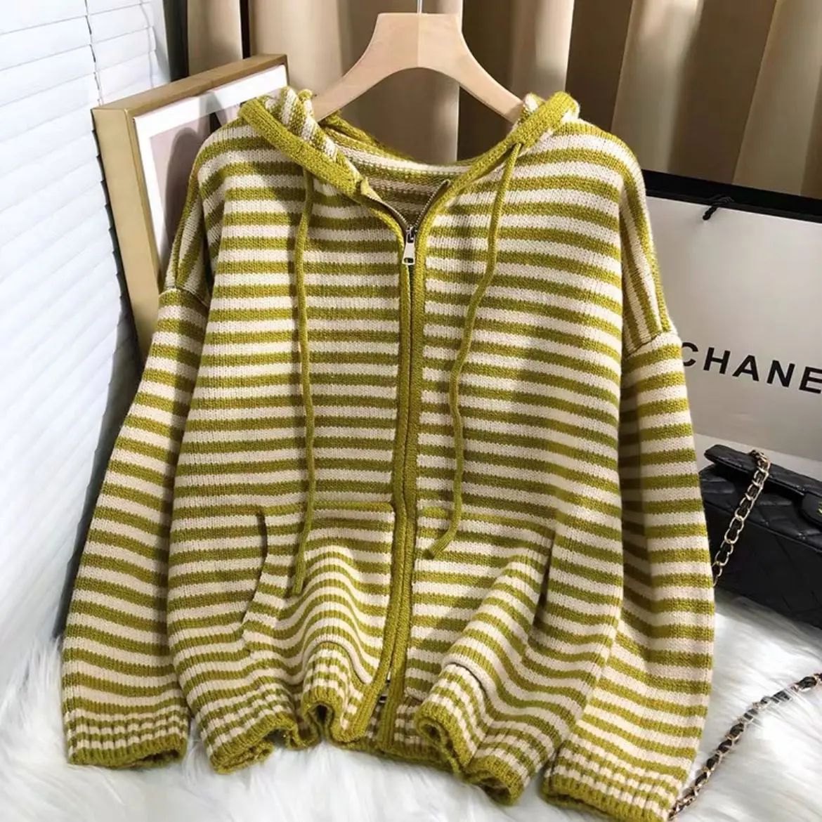 Hooded Striped Zippered Knitted Cardigan 2023 New Korean Version of Spring and Autumn Casual Fashion Versatile Women\'s Coat Top