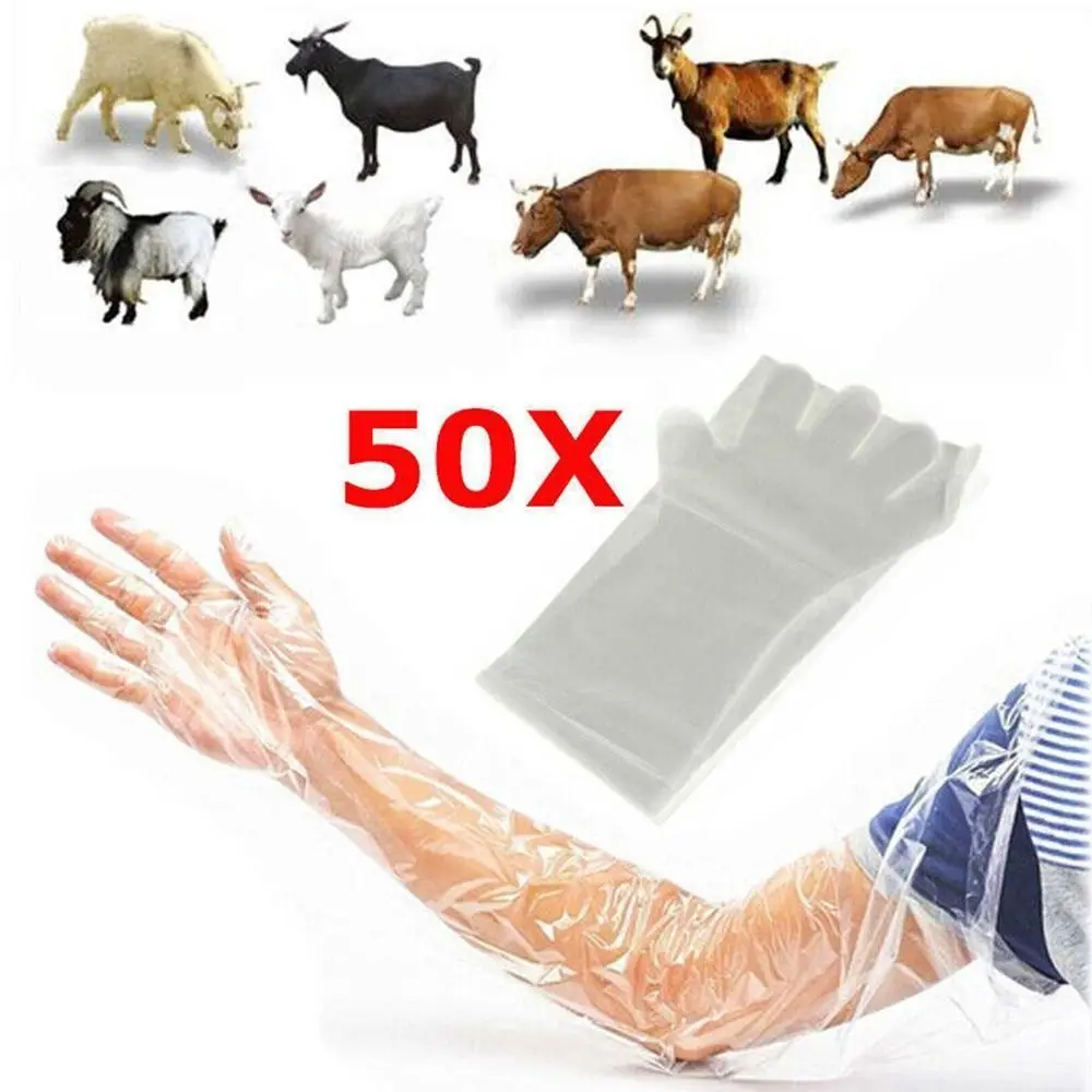 50PCS Disposable Long Arm Glove Plastic Film Farm Cattle Sheep Glove Vet Plastic Glove Veterinary Supplies