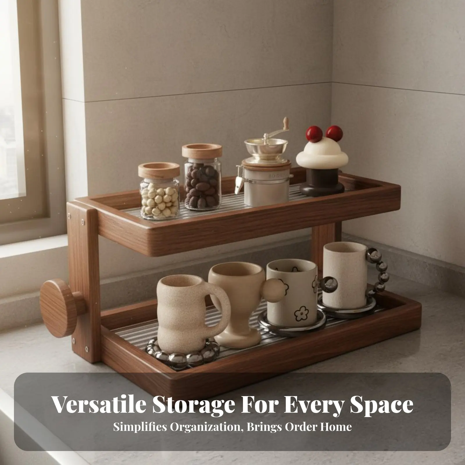

Hardwood Wood Countertop Organizer Space Saving Coffee Mug Display Shelf Coffee Mug Display Rack Multifunctional