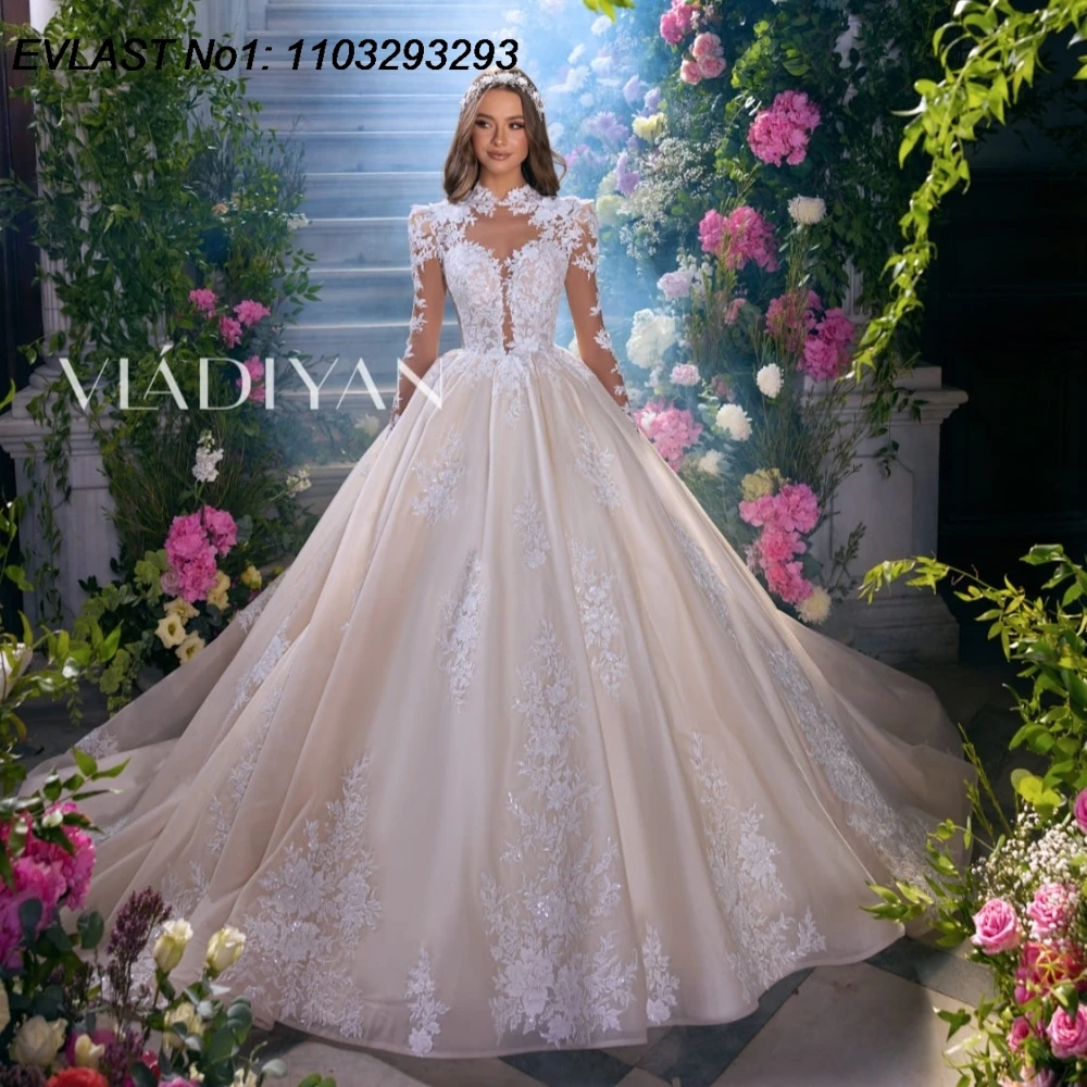 

EVLAST Customized Vintage A Line Wedding Dress High Neck Long Sleeve Lace Applique Beading Bridal Gown Robe De Mariee TBD135