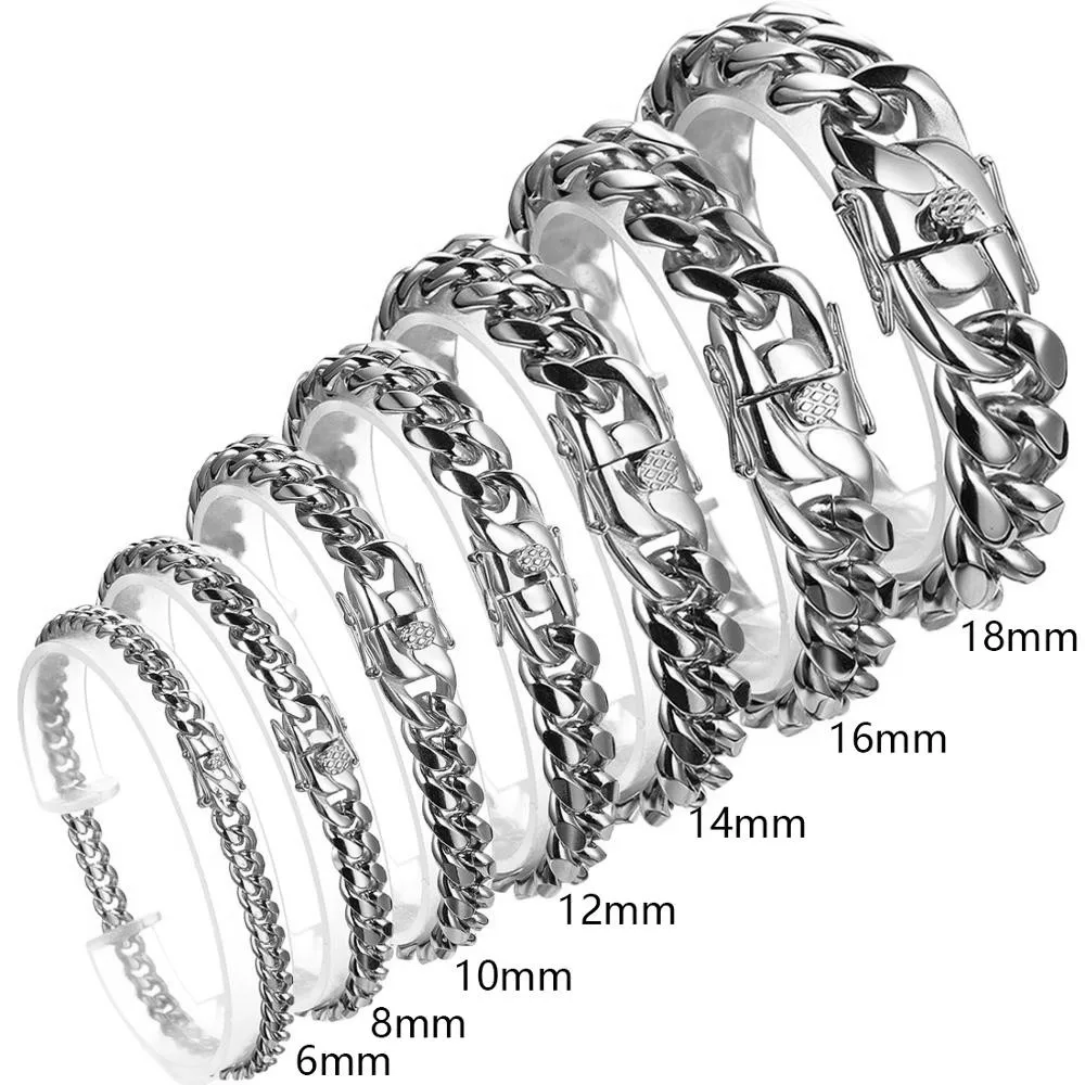6/8/10/12/14/16/18mm Fashion 316L Stainless Steel Cuban Link Chain Bracelet For Men Punk Hip Hop Silver Color Hand Jewelry