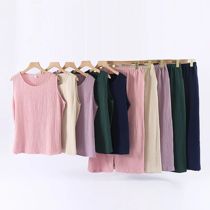 Summer Simple Loungewear Crepe Cotton Yarn Round Neck Pullover Sleeveless Vest Calf-Length Pants Thin Pajamas for Women 2 Piece