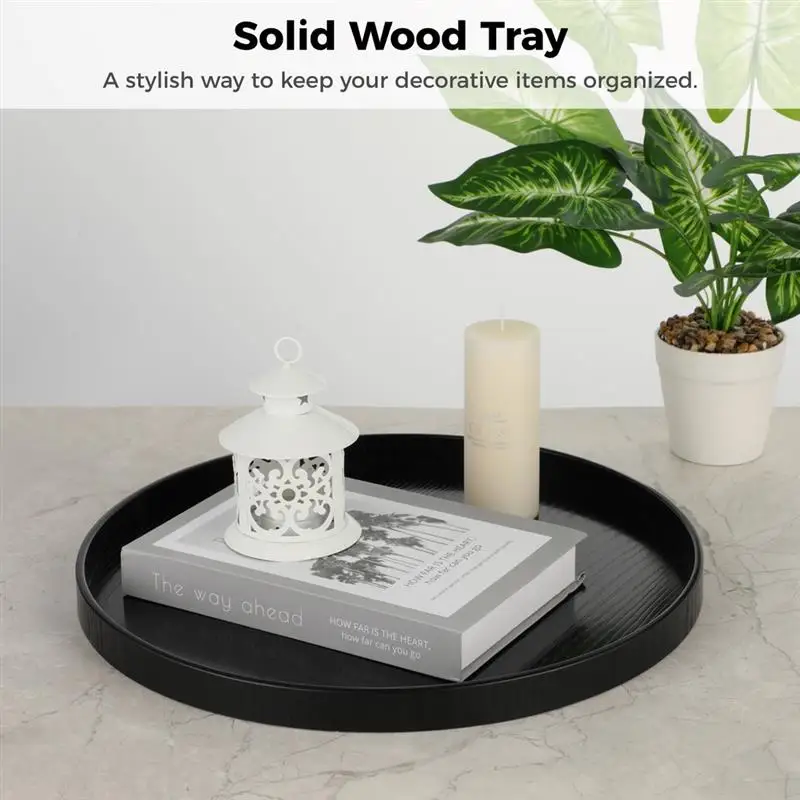 Round Wood Tray Solid Wood Serving Tray Non-Slip Round Tea Tray Food Meals Serving Tray Raised Edges Kitchen Bar Serving Tray