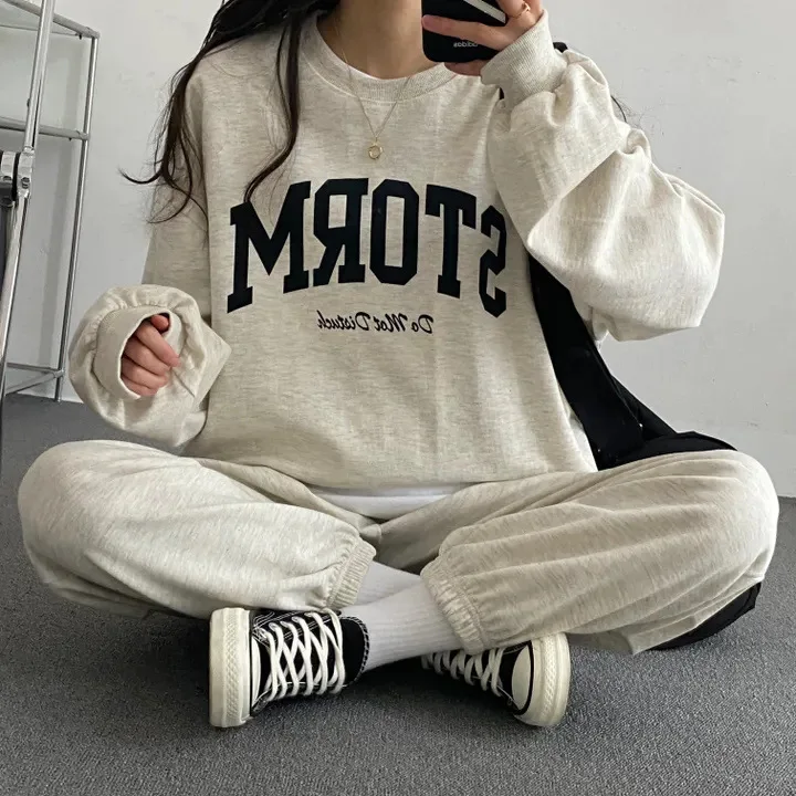 

Women Letter Printing Pullovers Tops Two Piece Pants Sets Sporty Sweatshirt Suits Elastic Waist Solid Pants Girl 2pcs Tracksuit