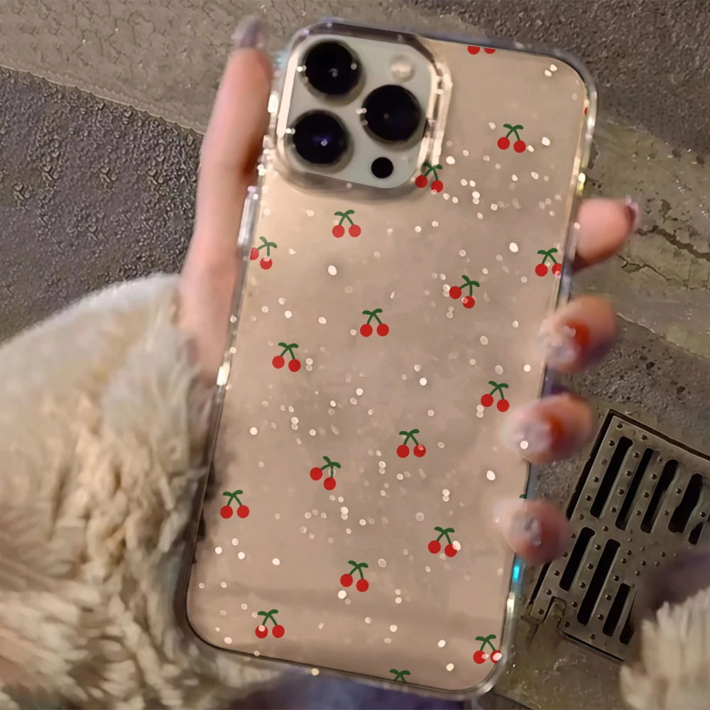 Simple cherry Flowers Clear Glitter Phone Case For iPhone 17 15 13 16 12 11 14 Pro Max 17 Air XR X 16e Cases Shockproof Cover view 2