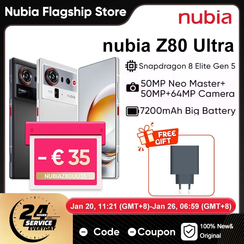 ZTE nubia Z80 Ultra 5G Smartphone Version mondiale Snapdragon 8 Elite Gen 5  7200mAh 6.85 ''144Hz écran Oled 80W charge sans fil 64Mp Ai caméra Nfc Google Play