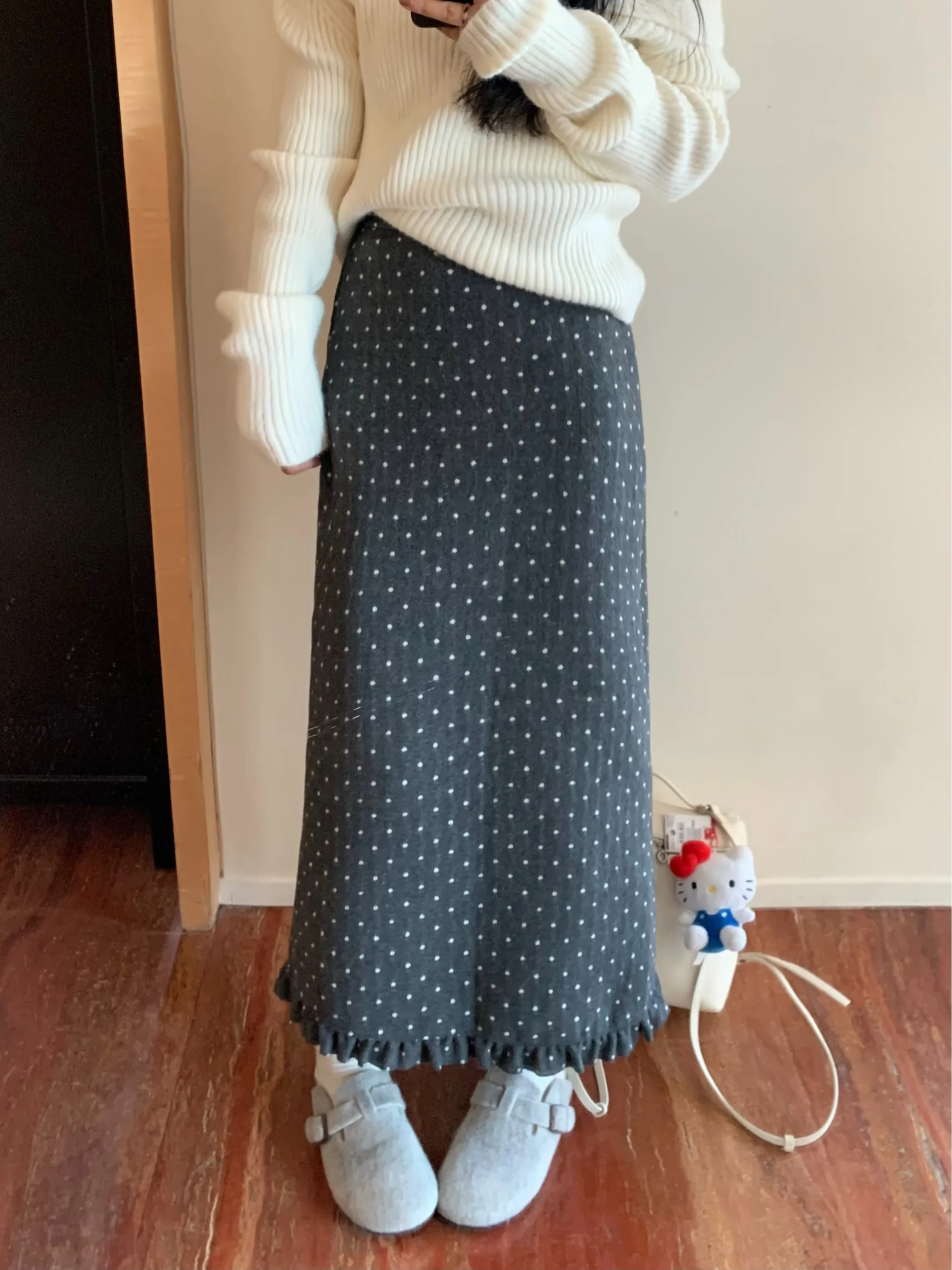 레트로 폴카 도트 니트 스커트 하이 웨이스트 스트레이트 컷 여성용 겨울 신상 슬림 미디 길이 바디콘 스커트