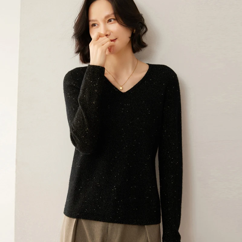 2024 Autumn/Winter New Slim and Fashionable 100% Pure Wool V-neck Golden Bean Yarn Woolen Sweater