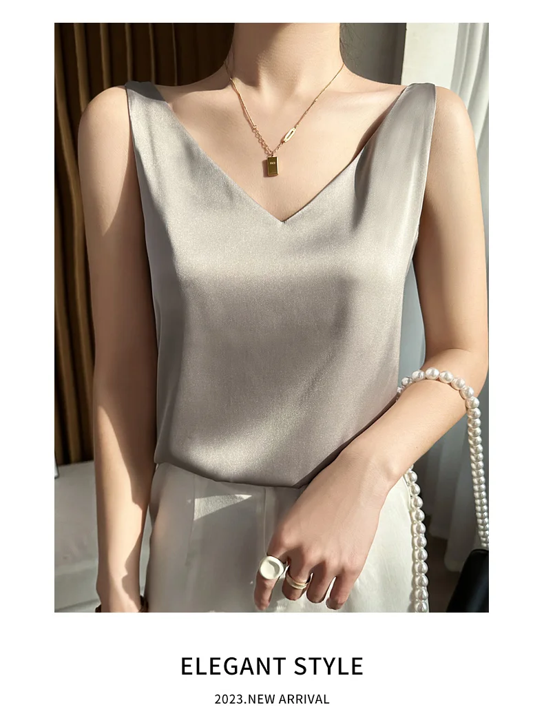 Seidensatin-Damen-Tanktop mit doppelter Schulterpartie, V-Ausschnitt, ärmelloses Top, T-Shirt, elegantes Crop-Top, solide, lässig, Basic, 2025, Sommer – Detail 30