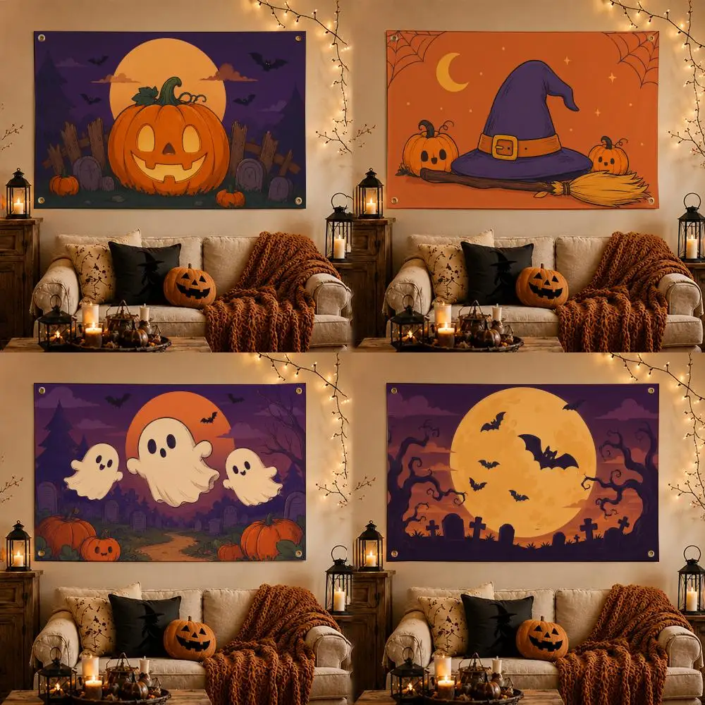 Cute Halloween Ghost & Moon Flags Flag – Fade-Resistant Outdoor Garden Banner Suitable for Shop and Home Decoration