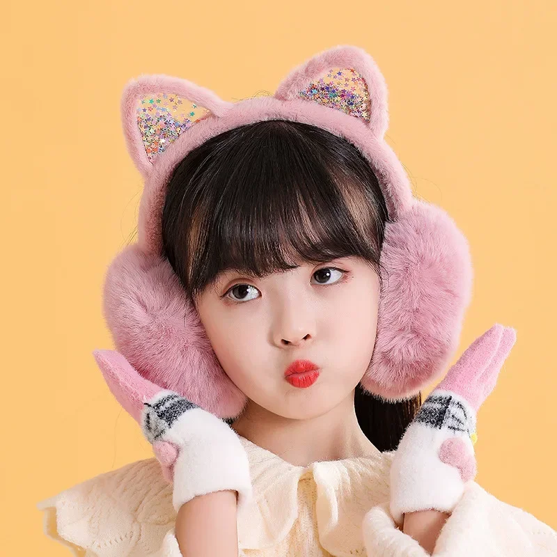 Girl Earmuffs Winter Cat Ear Muffs Foldable Warm Ear Protect Cute Faux Fur Soft Fluffy Earcap Children Ear Cover Muff