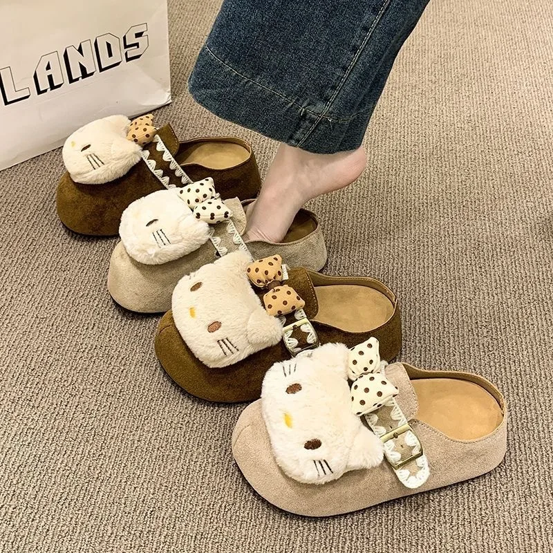 

Кружевные тапочки с милым рисунком «Hello Kitty», осенние и зимние удобные уличные теплые хлопковые тапочки Boken на толстой подошве