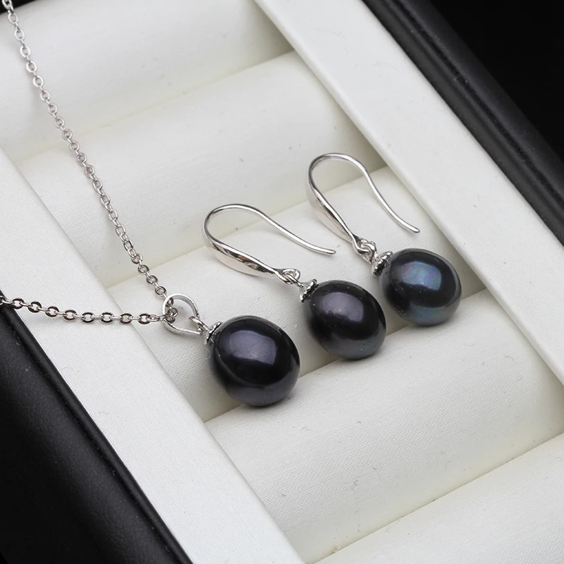 Bridal Natural Freshwater Pearl Earrings And Necklace Set,925 Silver Pearl Jewelry Set Wife Mother Gift White Pink Black view 6