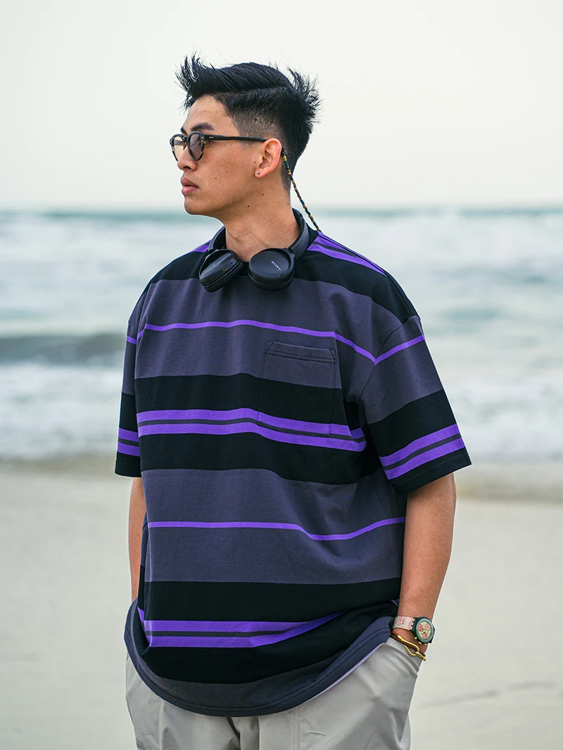 Loose Fit Summer Casual Stripe Short Sleeve T-Shirt Unisex Cityboy Style Breathable Cotton Blend Fabric Youth Fashion Trend