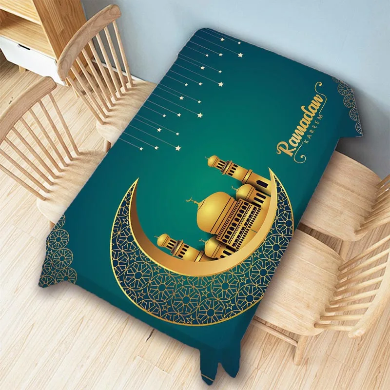 Blue Green Ramadan Eid Mubarak Moslem Muslim Theme Mosque Print Water Resistant Linen Wall Tapestry Table Cloth Furniture Cover