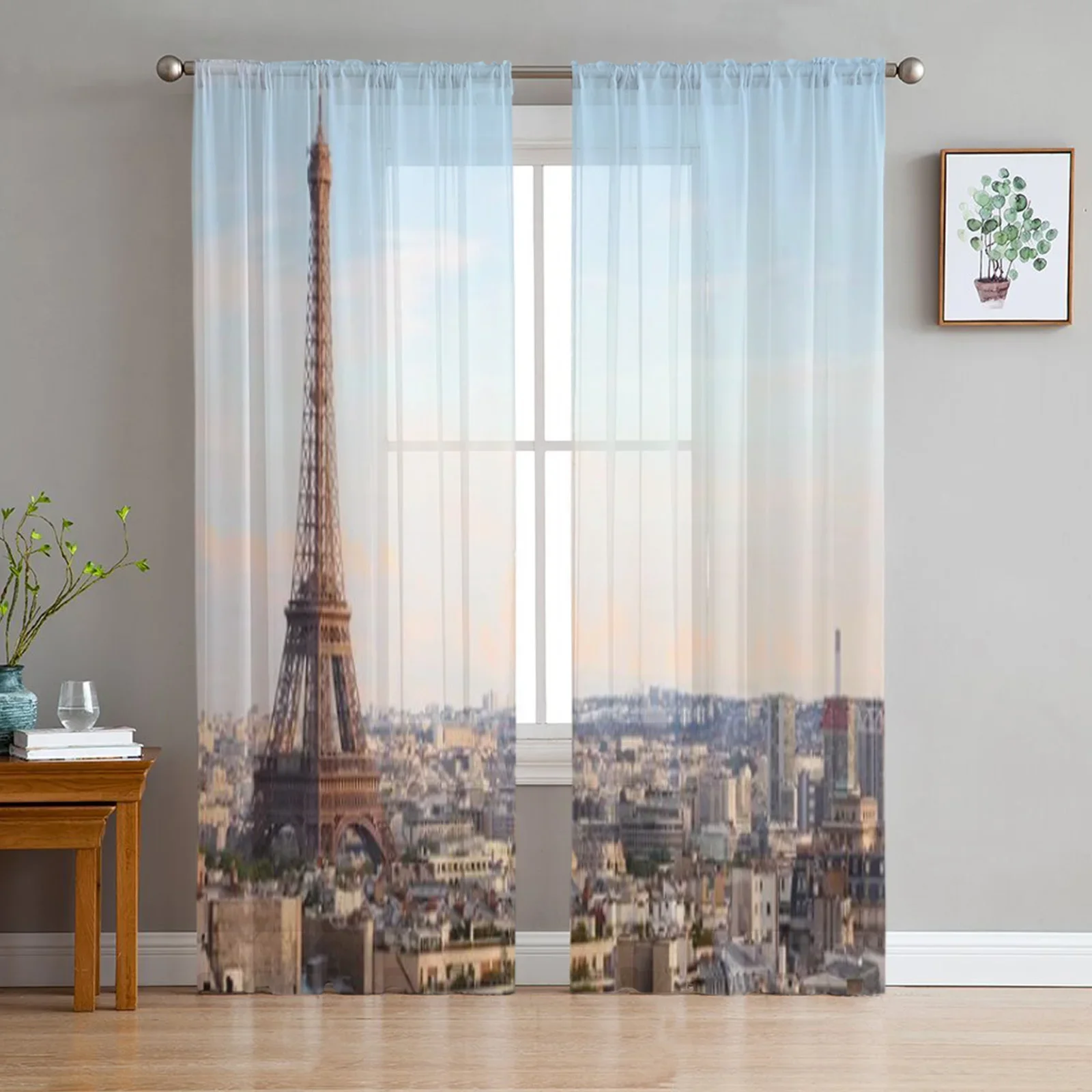 Paris France Cityscape With Eiffel Tower Sunset Chiffon Sheer Curtains for Living Room Bedroom Window Voiles Tulle Curtain