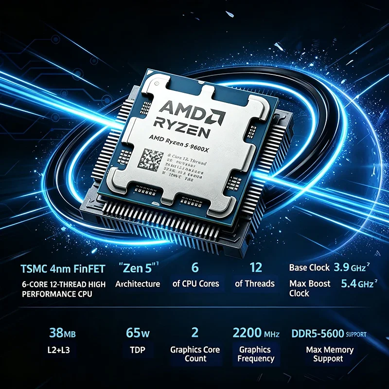 AMD Ryzen 5 9600X Processor 6-Core 12-Thread 3.9GHz Base, 5.4GHz Max Boost, AM5 Socket 32MB L3 Cache 4nm Zen 5 Desktop CPU