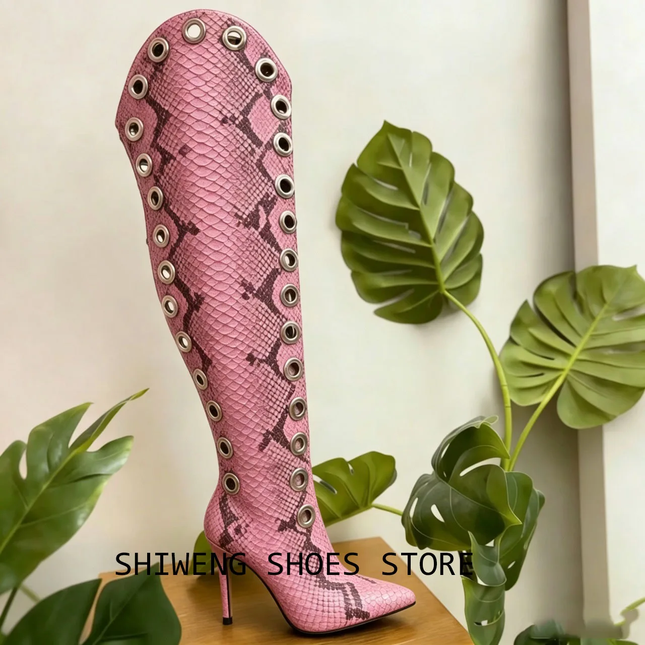 2026Women Pink Snake Print Knee High Boots Pointed Toe Stiletto Heel Hollow Out Eyelet Side Zipper Party Club Boots Plus Size 44