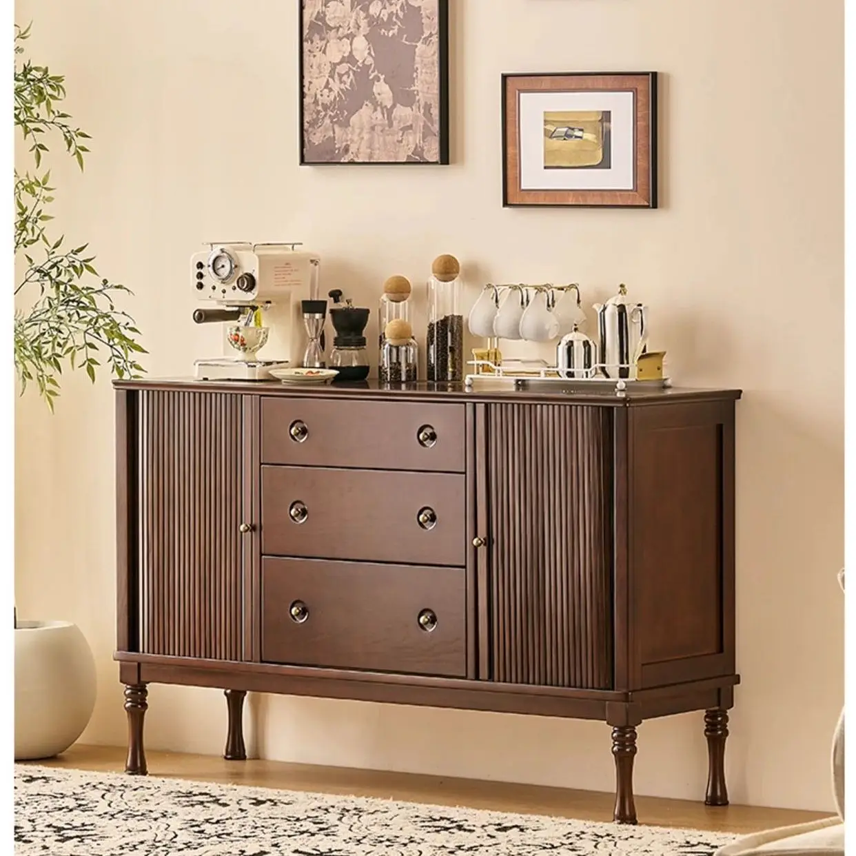 

Customizable American retro solid wood dining side cabinet, living room storage against the wall, integrated tea cabinet