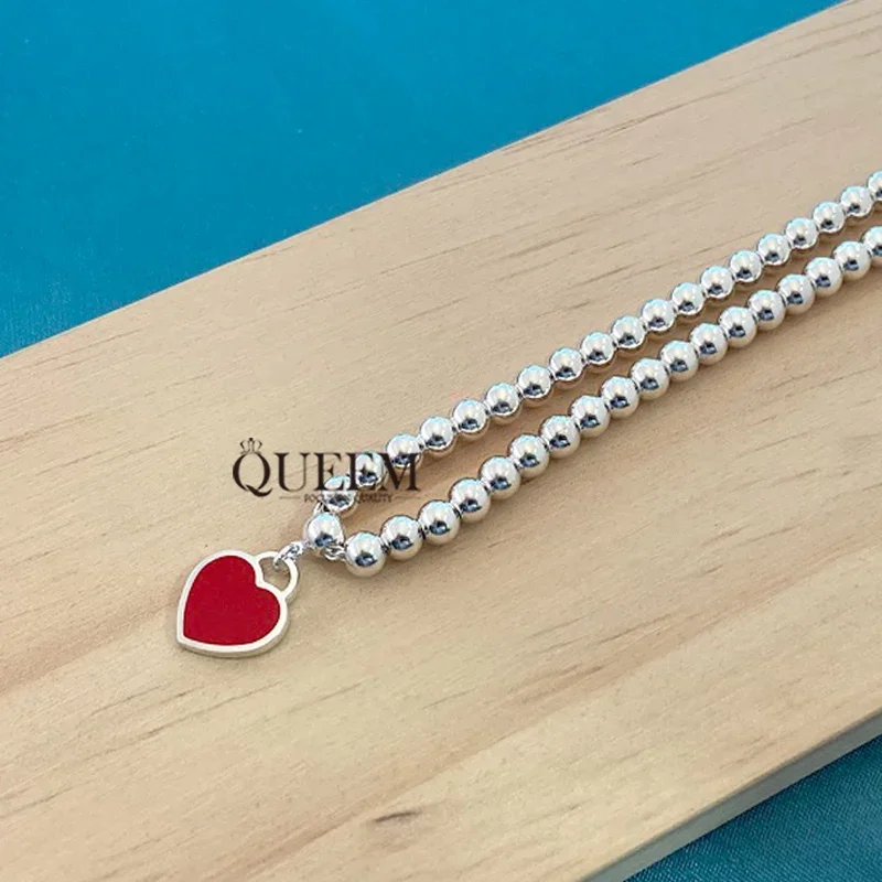 S925 Sterling Silver Classic Round Bead Necklace, Simple Heart-shaped Necklace, Available in Four Colors.